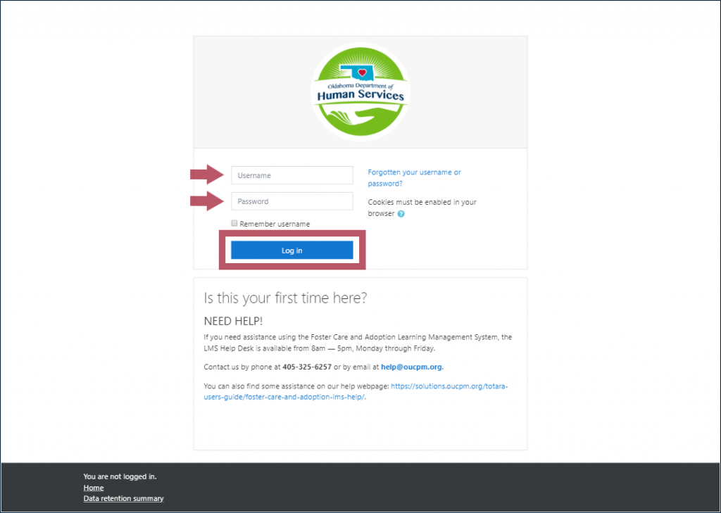 Foster Care and Adoption Learning Management System (LMS) login page, with the Username and Password fields and the "Log in" button highlighted