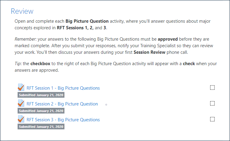 Example "Review" section of an RFT Session, including BPQ instructions and three BPQ activities, with all three displaying the label: "Submitted January 21, 2020"