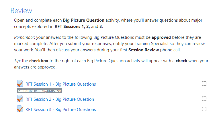 Example "Review" section of an RFT Session, including BPQ instructions and three BPQ activities, with the first one displaying the label: "Submitted January 14, 2020"