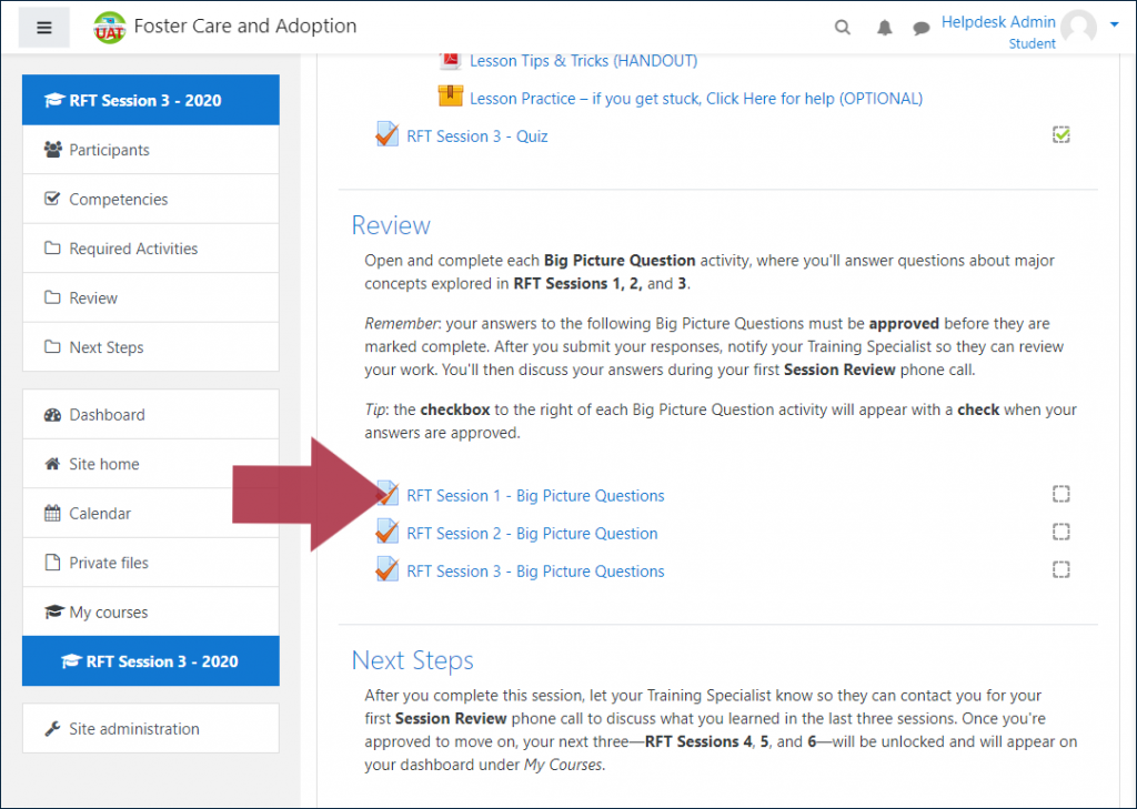 Example RFT Session page, displaying the "Review" section including instructions and three BPQ activities, with an arrow indicating the first BPQ activity "RFT Session 1 - Big Picture Questions"