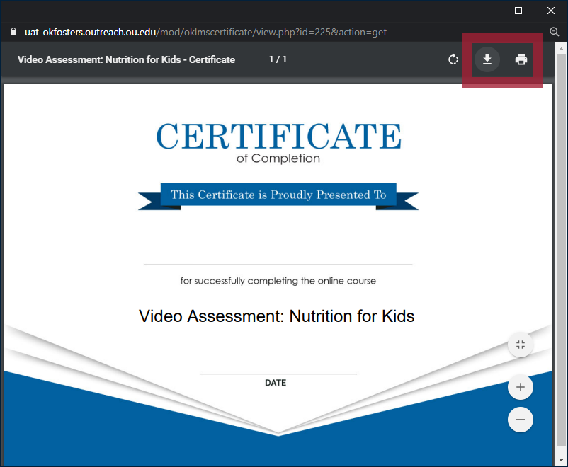 Example Video Assessment Certificate of Completion document in a pop-up browser window, with the "download" and "print" icons highlighted