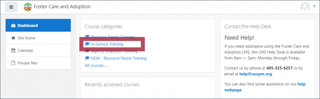 Example dashboard page, displaying a "Course categories" block with the "In-Service Training" link highlighted