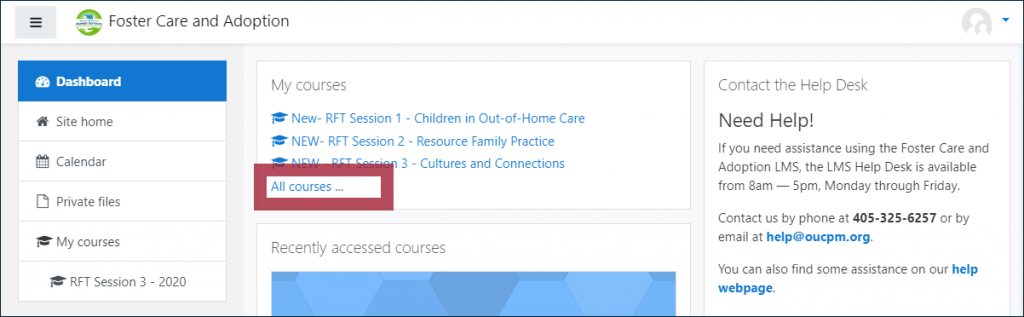 Example dashboard page, displaying a "My courses" block with the "All courses ..." link at the bottom highlighted
