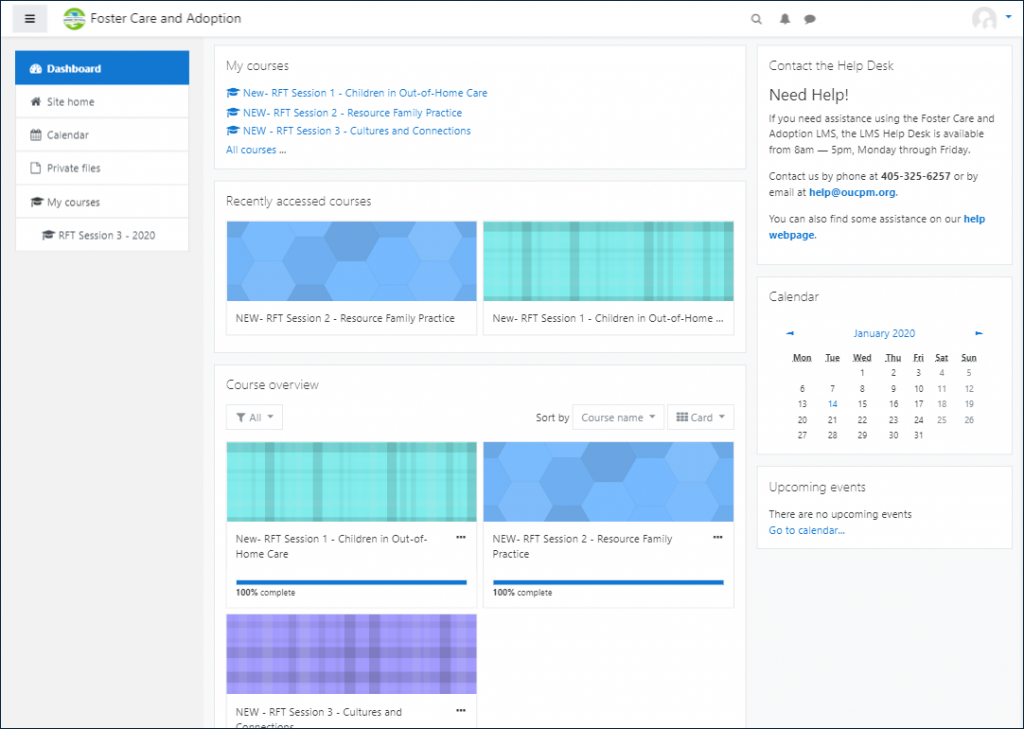 Foster Care and Adoption LMS dashboard page