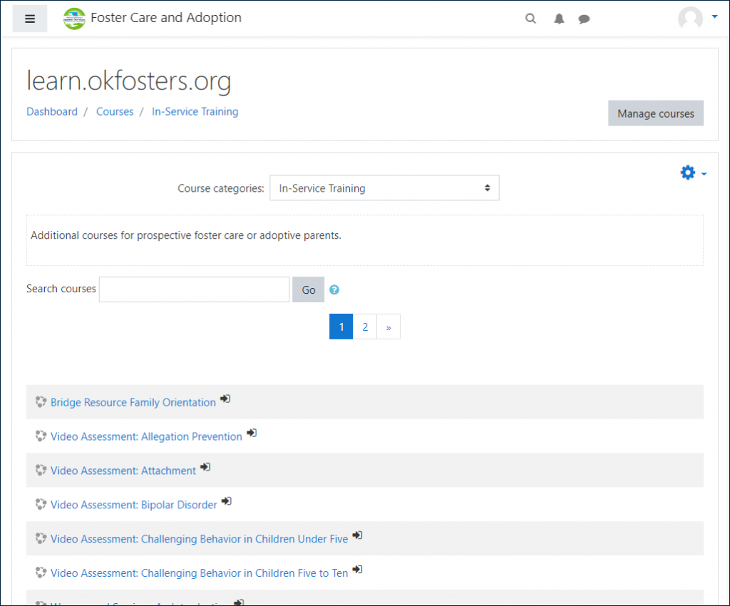 Foster Care and Adoption LMS In-Service Training course category page, displaying a list of Video Assessment courses