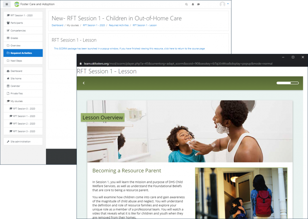 Example RFT Lesson pop-up window with title "RFT Session 1 - Lesson", with the original LMS window open in the background displaying the lesson launch page: "This SCORM package has been launched in a popup window..."