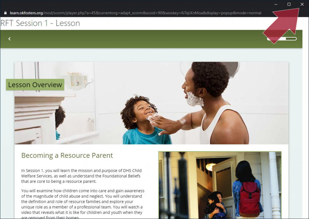Example RFT Lesson pop-up window, with topic title "Lesson Overview", and with an arrow indicating the browser's close ("x") button in the top right-hand corner.
