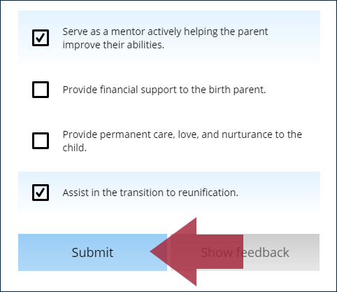 Example multiple choice question, with two of the answer options selected with a checkmark, and with an arrow indicating the "Submit" button