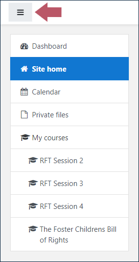 LMS sitewide navigation menu, with an arrow indicating the toggle menu button (top left-hand corner)