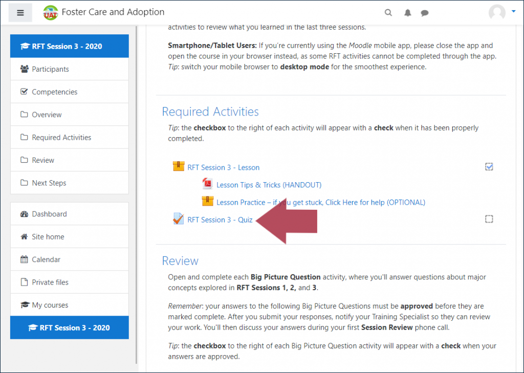 Example RFT Session page, with the Lesson activity displaying a completion checkmark, and with an arrow indicating the Quiz activity