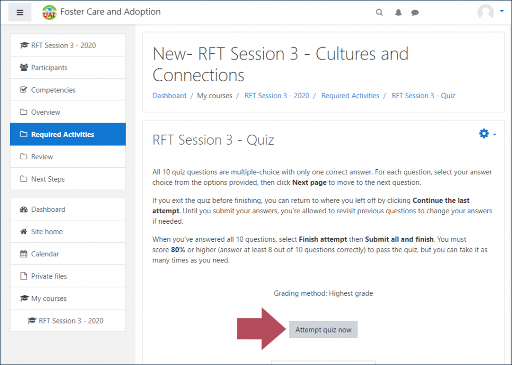 Example RFT quiz launch page, with an arrow indicating the "Attempt quiz now" button