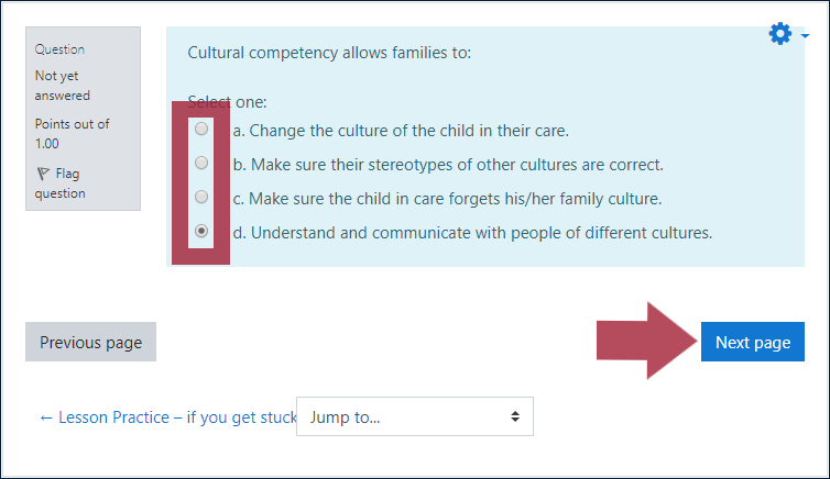 Example RFT quiz question, highlighting the answer selection buttons and the "Next page" button