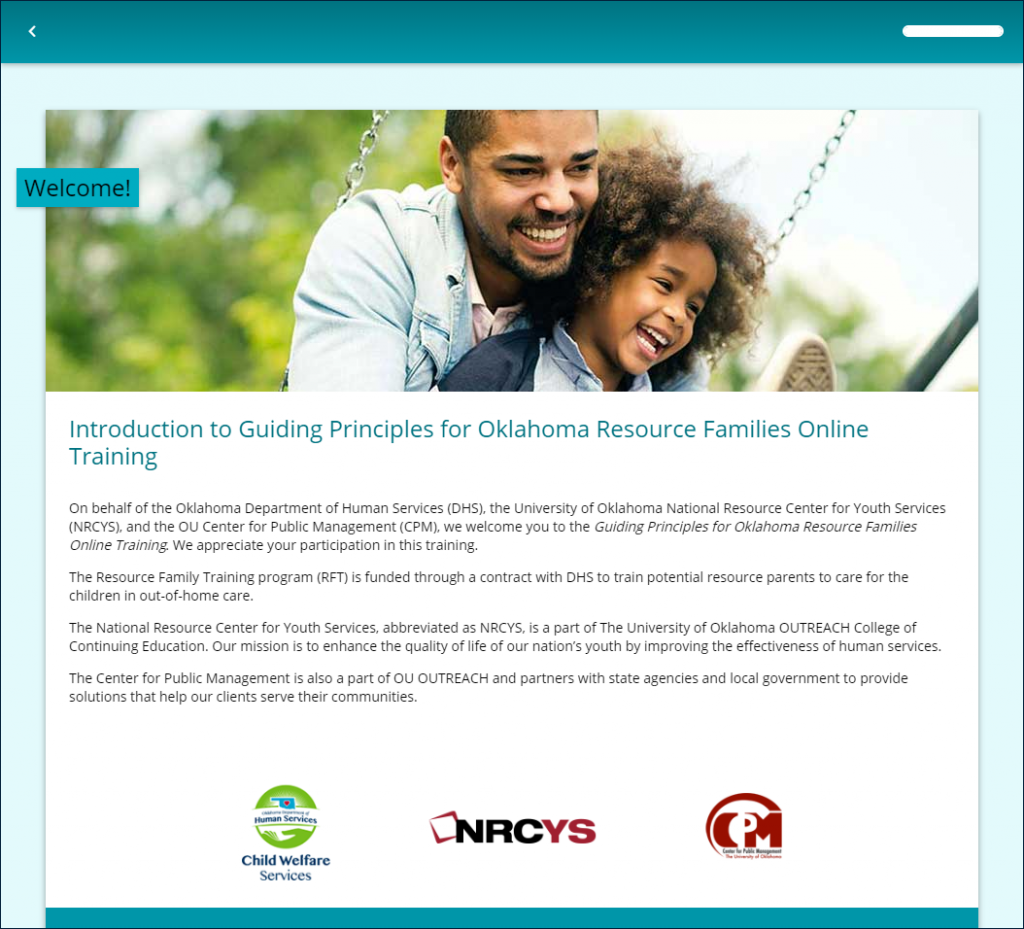 Example page from RFT Session 0: Introduction to Guiding Principles for Oklahoma Resource Families Online Training, displaying logos from (1) OKDHS Child Welfare Services, (2) National Resource Center for Youth Services (NRCYS), and (3) OU Center for Public Management (CPM)