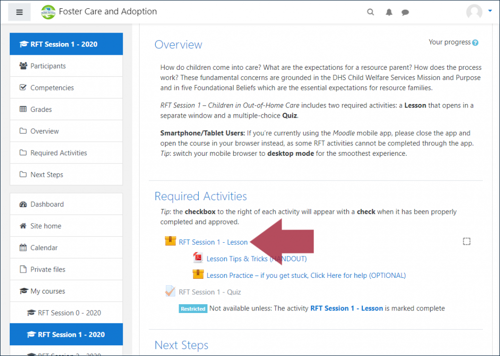 Example RFT Session page, displaying the "Required Activities" section with an arrow indicating the "RFT Session 1 - Lesson" link