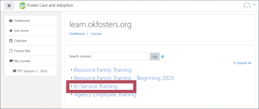 Example course catalog page, displaying a "Search courses" field and "Go" button, with the "In-Service Training" category link highlighted