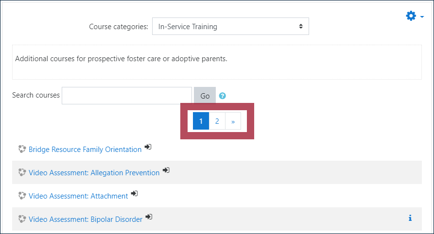 Course category—In-Service Training: "Additional courses for prospective foster care or adoptive parents", including a "Search courses" field and Go button, with the page number buttons above the course list highlighting
