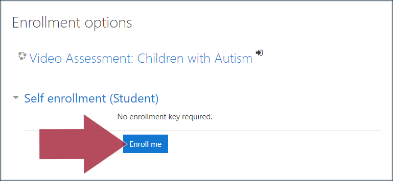 Example "Enrollment options" page, displaying the course title, a "Self enrollment (Student)" label, and an arrow indicating the "Enroll me" button.