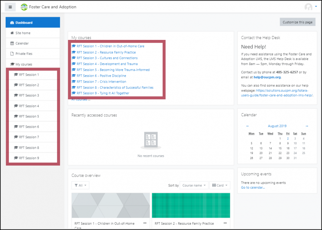 Example LMS dashboard, with the "My courses" dashboard block and the "My courses" section of the site navigation menu highlighted; both displaying RFT Session course titles.