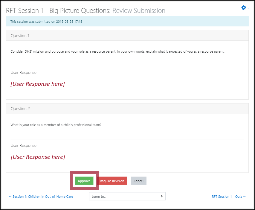 Example BPQ "Review Submission" page, displaying 2 questions with spaces for the user responses. The "Approve" button at the bottom of the page is highlighted.