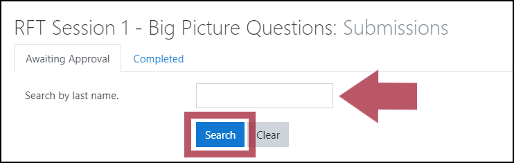 Example BPQ Submissions page, with the "Awaiting Approval" tab highlighted, displaying the "Search by last name" box with the "Search" button highlighted.