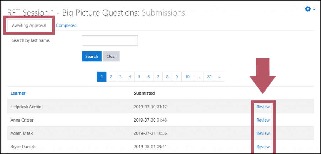 Example BPQ Submissions page, with the "Awaiting Approval" tab selected, displaying a list of learners, their submission times, and highlighted "Review" links opposite each learner name.