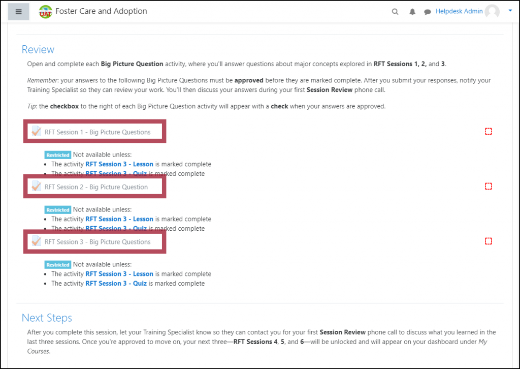 Example RFT Session "Required Big Picture Question" section, with the three Big Picture Question activities highlighted, each of which is greyed out and displaying a "Restricted" label.