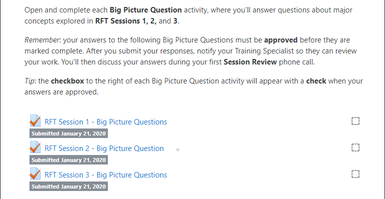 Example "Required Big Picture Question" section of an RFT Session, including BPQ instructions and three BPQ activities, with all three displaying the label: "Submitted January 21, 2020"