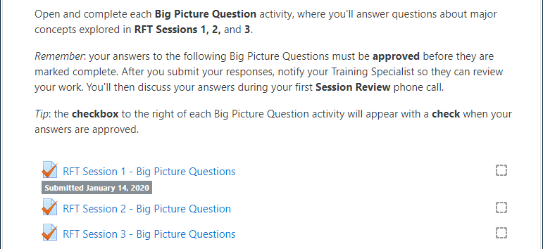 Example "Required Big Picture Question" section of an RFT Session, including BPQ instructions and three BPQ activities, with the first one displaying the label: "Submitted January 14, 2020"