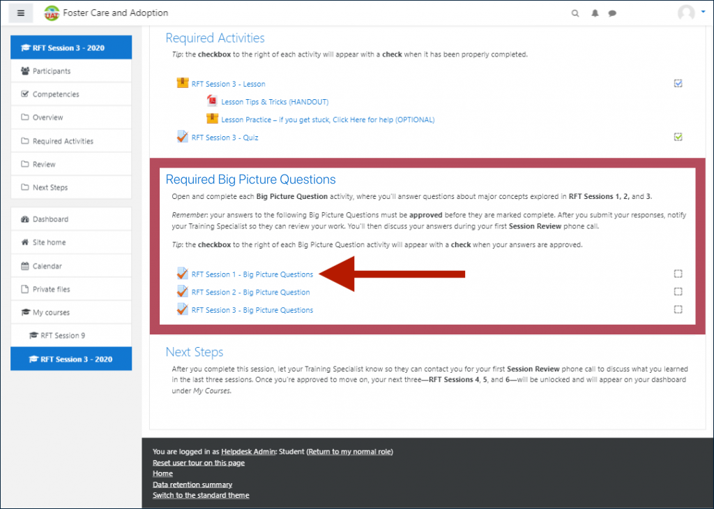 Example RFT Session page, displaying the "Required Big Picture Questions" section including instructions and three BPQ activities, with an arrow indicating the first BPQ activity "RFT Session 1 - Big Picture Questions"